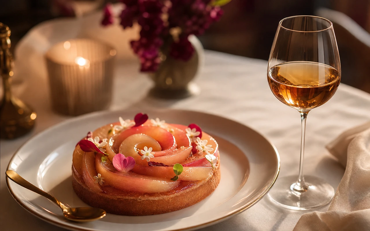 Verre de vin liquoreux doré servi à côté d'un dessert au chocolat et de fruits