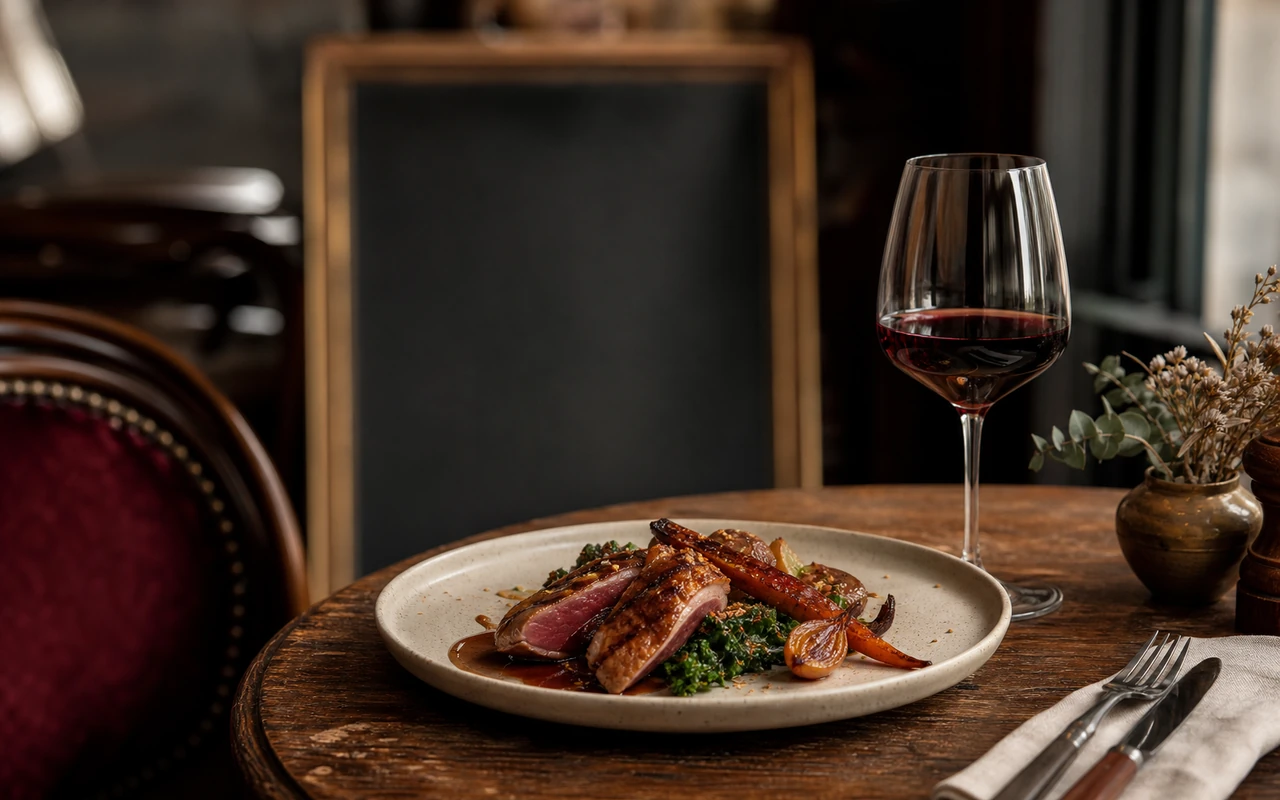Ambiance conviviale d'un bistrot parisien avec une assiette de cuisine bistronomique soignée