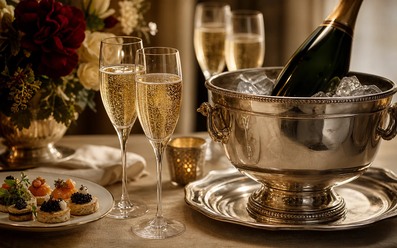 Verre de champagne servi à table lors d'un repas gastronomique