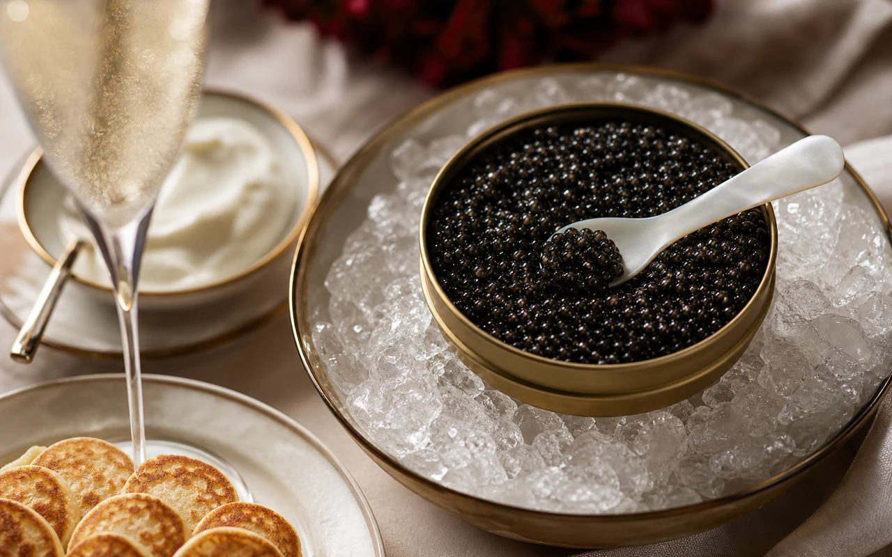 Boîte de caviar servie sur glace avec cuillère de nacre et blinis pour déguster le caviar