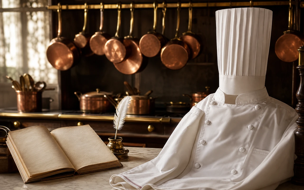 Portrait évoquant Auguste Escoffier, père de la cuisine moderne, dans une cuisine de grande maison