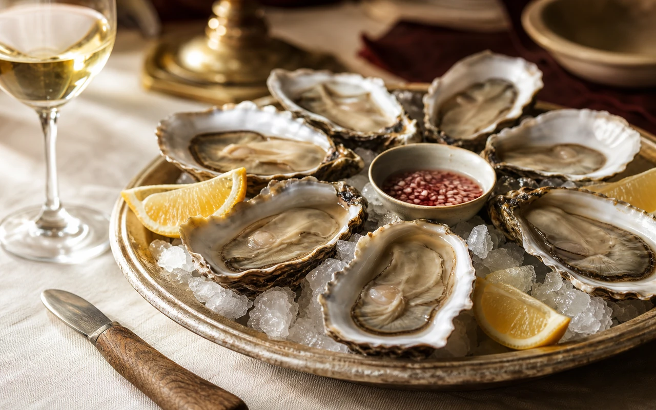 Plateau d'huîtres fraîches ouvertes sur glace pilée avec citron, mignonette et pain de seigle