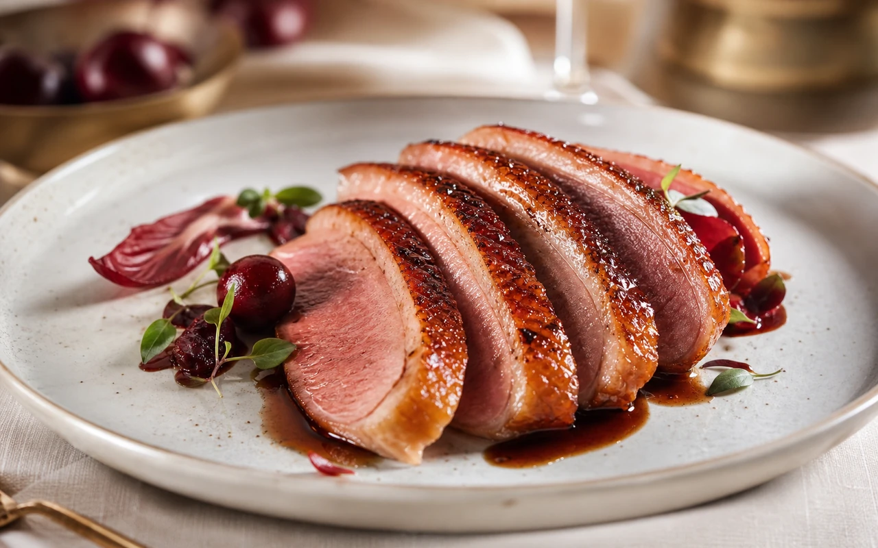Magret de canard rôti rosé tranché en aiguillettes avec peau croustillante quadrillée