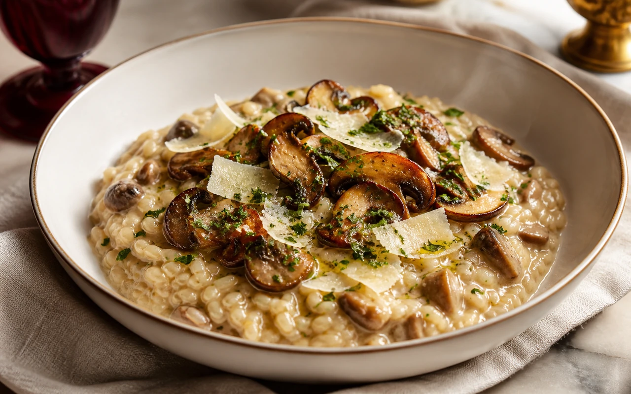Assiette de risotto aux cèpes crémeux couronnée de lamelles de cèpes poêlés et de parmesan