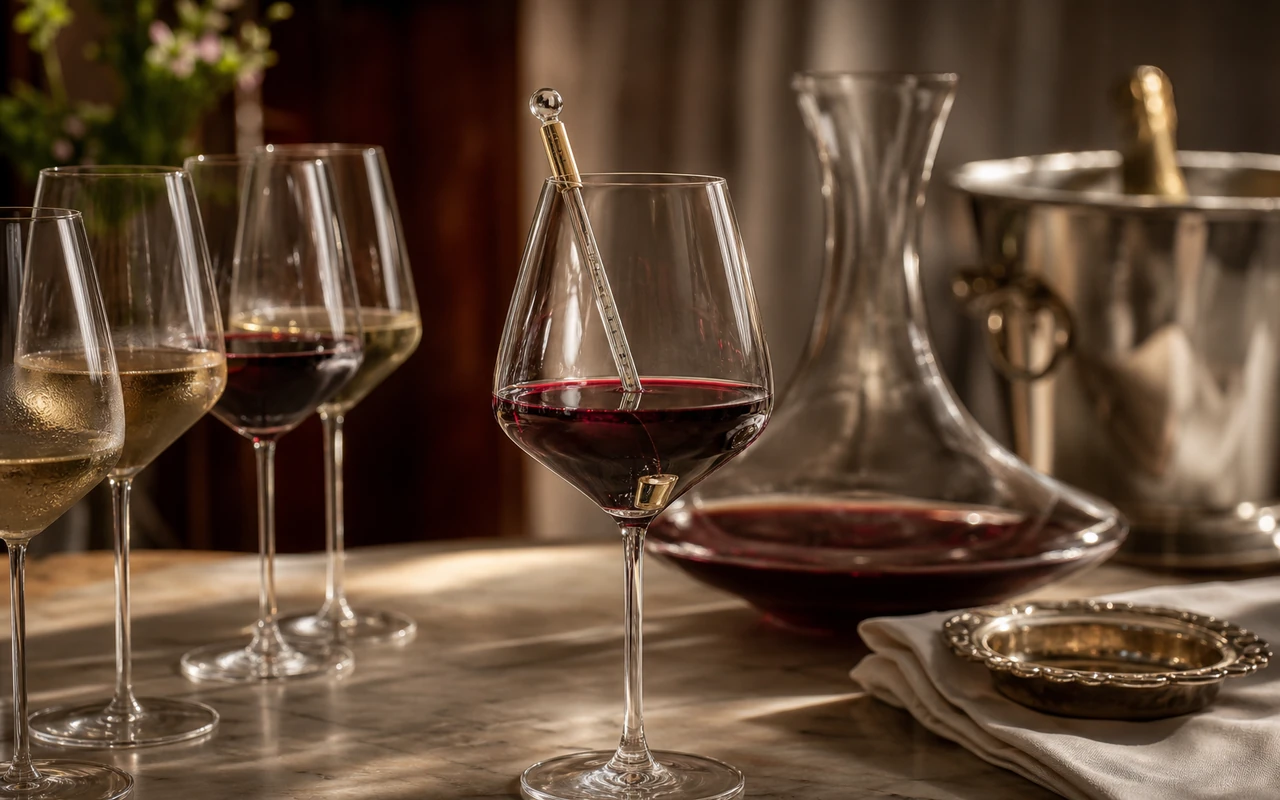 Bouteille de vin dans un seau à glace avec thermomètre indiquant la température de service idéale