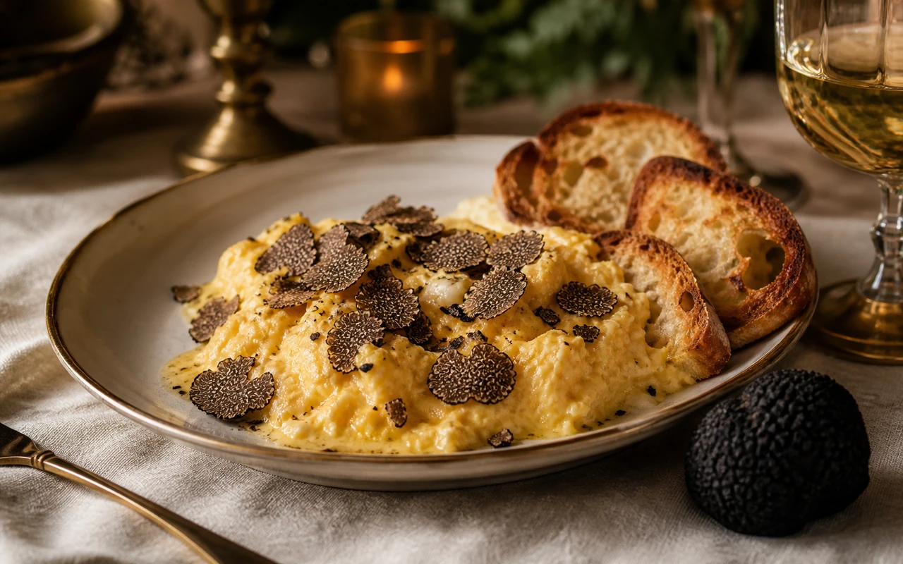 Œufs brouillés crémeux à la truffe noire servis dans leur coquille, généreusement recouverts de lamelles de truffe fraîche