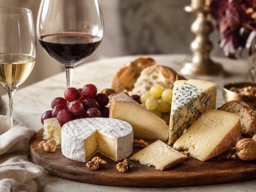 Plateau de fromages varié avec verres de vin blanc pour réussir les accords vins et fromages