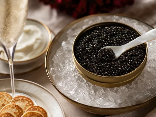 Boîte de caviar servie sur glace avec cuillère de nacre et blinis pour déguster le caviar