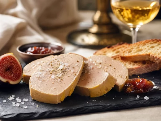 Foie gras mi-cuit au torchon tranché en médaillons dorés parsemés de fleur de sel, servi avec du pain de campagne toasté