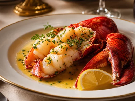 Homard rôti au beurre monté à l'estragon dressé dans une assiette gastronomique