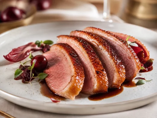 Magret de canard rôti rosé tranché en aiguillettes avec peau croustillante quadrillée