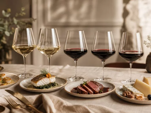 Table dressée pour un accord mets et vins avec verres de blanc et de rouge et assiette gastronomique
