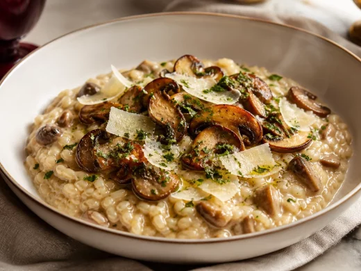 Assiette de risotto aux cèpes crémeux couronnée de lamelles de cèpes poêlés et de parmesan