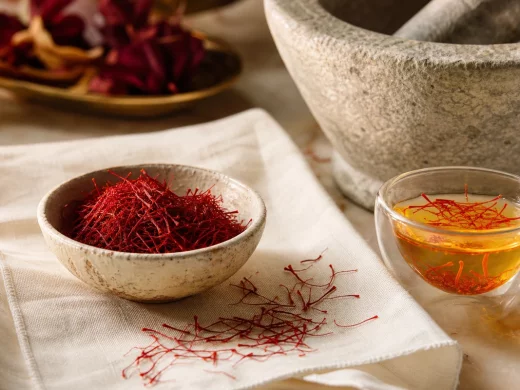 Filaments de safran rouge et fleurs de Crocus sativus mauves sur un plan de travail
