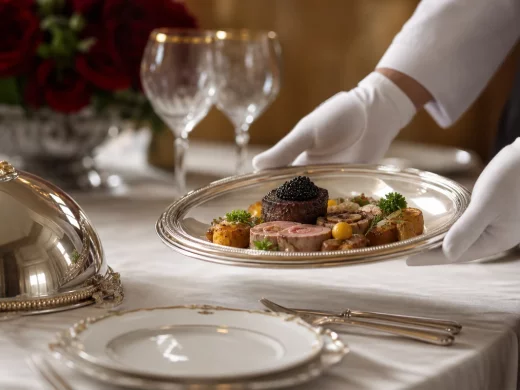 Table dressée opposant le service à la française et le service à la russe en haute gastronomie