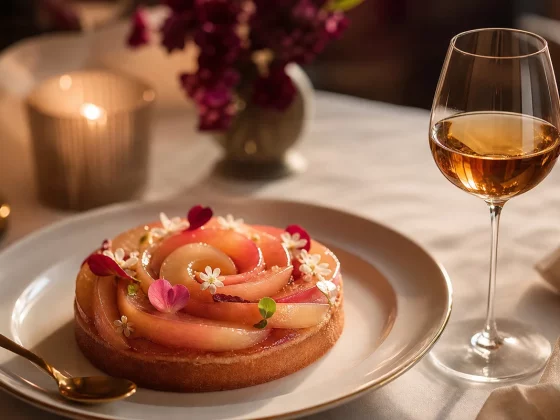 Verre de vin liquoreux doré servi à côté d'un dessert au chocolat et de fruits