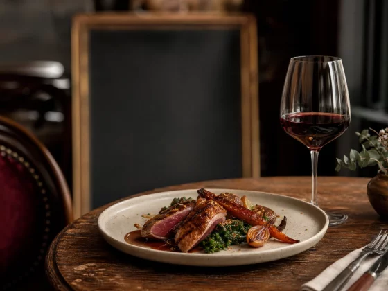 Ambiance conviviale d'un bistrot parisien avec une assiette de cuisine bistronomique soignée