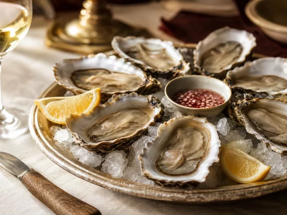 Plateau d'huîtres fraîches ouvertes sur glace pilée avec citron, mignonette et pain de seigle